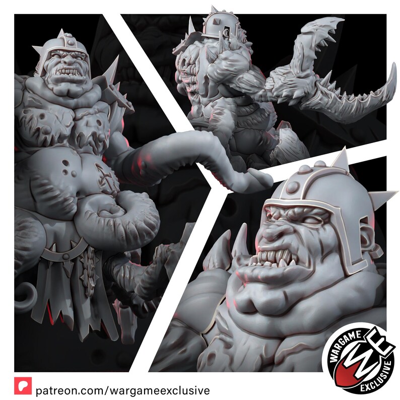 May include: A grey resin miniature of a hulking creature wearing a spiked helmet. The figure features a muscular torso, a tentacle-like arm, and a clawed limb. The creature has a snarling expression with visible teeth and a textured, organic body.