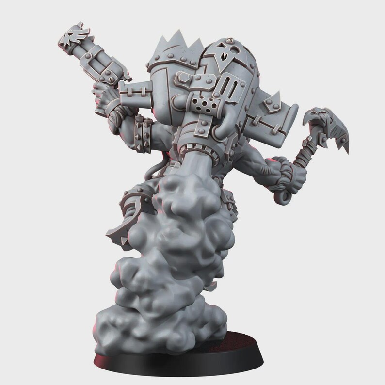 May include: A gray unpainted miniature figure of a warrior equipped with a large jetpack, holding a pistol in one hand and a curved axe in the other. The figure is depicted in mid-air, propelled by a thick cloud of smoke emerging from the jetpack.