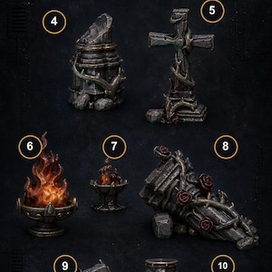 May include: A collection of ten miniature gothic-themed terrain pieces numbered one through ten, featuring stone ruins, skulls, crosses, a chalice with red liquid, a flaming brazier, and dark red roses, all rendered in a weathered, dark grey stone finish.