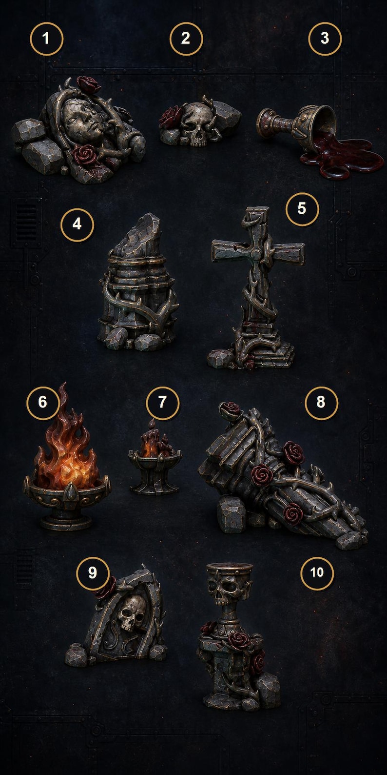 May include: A collection of ten miniature gothic-themed terrain pieces numbered one through ten, featuring stone ruins, skulls, crosses, a chalice with red liquid, a flaming brazier, and dark red roses, all rendered in a weathered, dark grey stone finish.