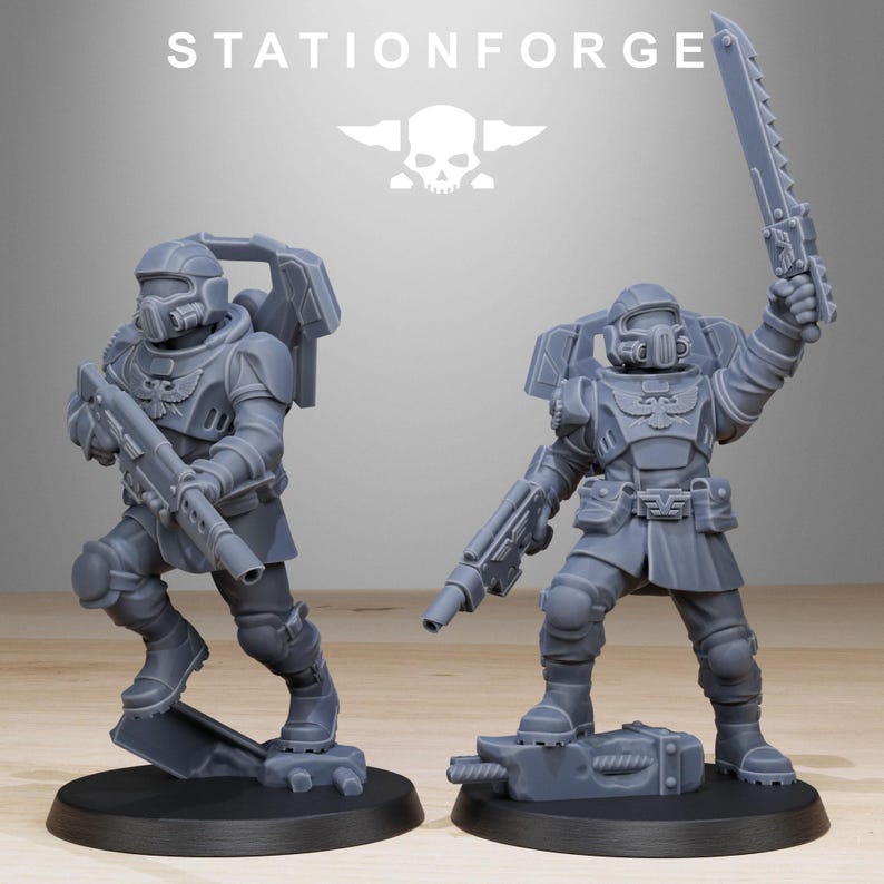 May include: Two grey unpainted miniature soldier figurines from StationForge. Each figure wears tactical armour, a helmet with a face mask, and a backpack. One soldier holds a rifle, while the other holds a rifle and a raised serrated blade.