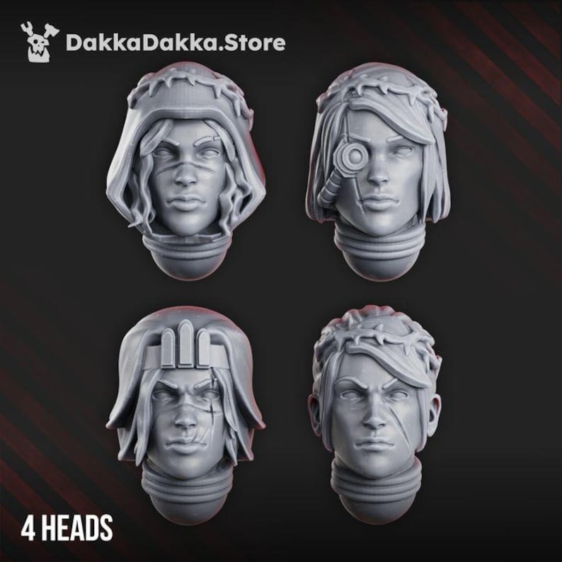 May include: Four grey miniature resin heads for gaming figures, each featuring distinct facial details, including hoods, a crown of thorns, a mechanical eye piece, and facial scars. The text DakkaDakka.Store and 4 HEADS is visible.