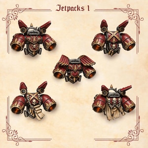 May include: Five miniature jetpack accessories for tabletop gaming figures, labeled Jetpacks 1. Each unit features a deep red and metallic gold color scheme with dark grey mechanical details, including exhaust vents, skull motifs, and wings.