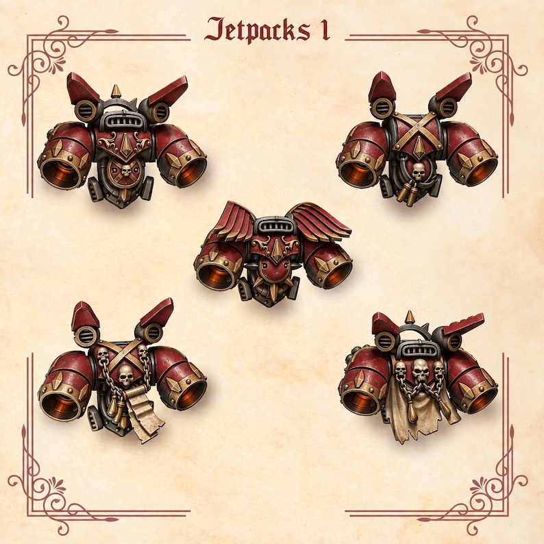 May include: Five miniature jetpack accessories for tabletop gaming figures, labeled Jetpacks 1. Each unit features a deep red and metallic gold color scheme with dark grey mechanical details, including exhaust vents, skull motifs, and wings.
