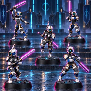 May include: Five miniature sci-fi figures in white, blue, and black armor, each wearing a helmet with a single glowing blue eye. Each figure holds a long, rectangular sword with a bright pink glowing blade, standing on individual black circular bases.