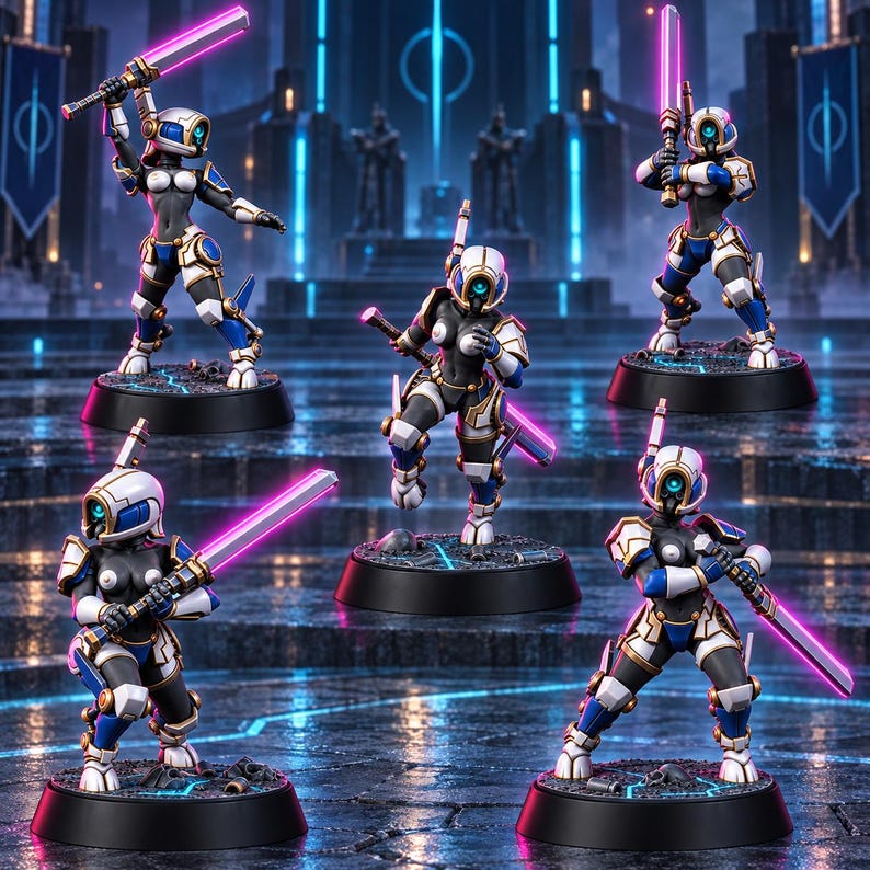 May include: Five miniature sci-fi figures in white, blue, and black armor, each wearing a helmet with a single glowing blue eye. Each figure holds a long, rectangular sword with a bright pink glowing blade, standing on individual black circular bases.
