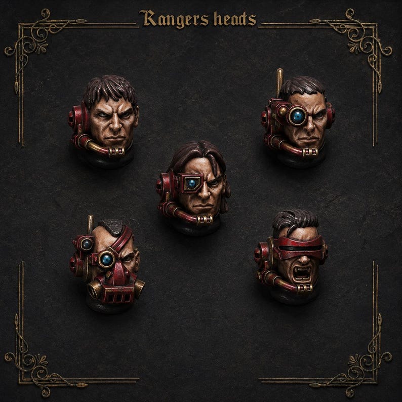 May include: Five miniature painted heads labeled Rangers heads, featuring various facial expressions, hairstyles, and mechanical eye pieces. Each head includes red and metallic components, with some showing goggles, visors, or cybernetic attachments.