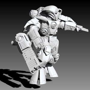 May include: A white, unpainted 3D-printed miniature figurine of a futuristic armored soldier. The figure wears heavy plate armor, a helmet with a visor, and a jetpack. It holds a large rectangular weapon in one hand and a smaller blaster in the other.