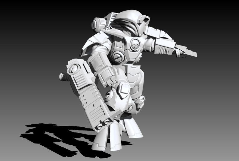 May include: A white, unpainted 3D-printed miniature figurine of a futuristic armored soldier. The figure wears heavy plate armor, a helmet with a visor, and a jetpack. It holds a large rectangular weapon in one hand and a smaller blaster in the other.