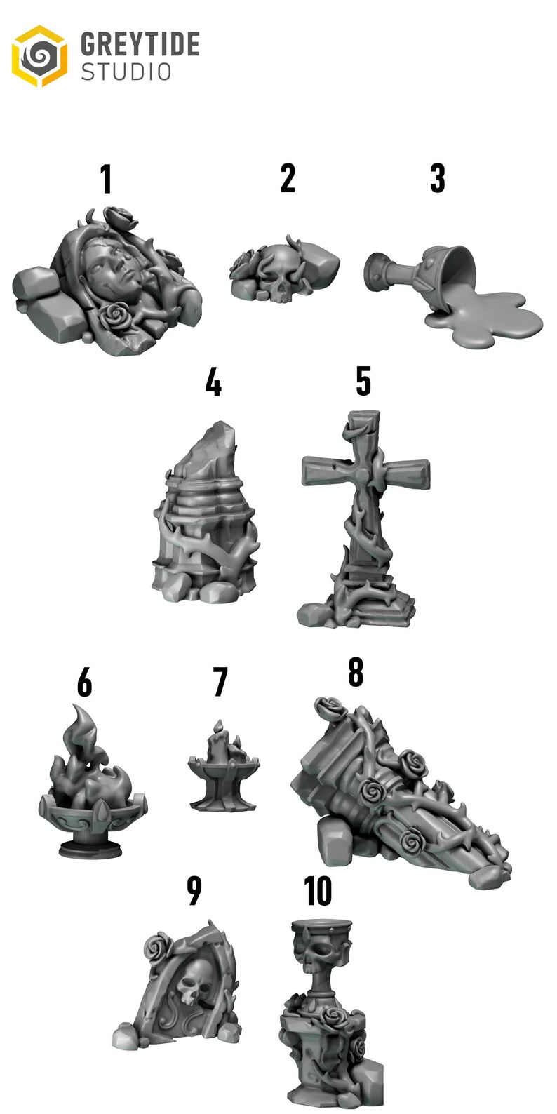 May include: A collection of ten grey miniature resin terrain pieces from Greytide Studio, featuring gothic elements like a face with roses, a skull, a spilled chalice, stone ruins, a cross, a flaming brazier, a candle, and ornate pillars.