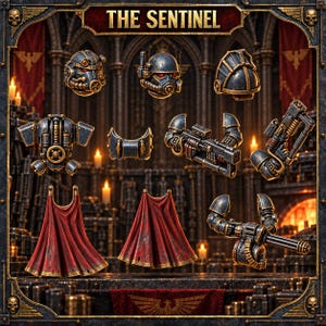 May include: A collection of miniature dark metallic armor components and weaponry labeled THE SENTINEL, including two helmets, a shoulder pad, a jetpack, a chest piece, two firearms, and two red fabric capes with gold trim, all arranged on a dark surface.
