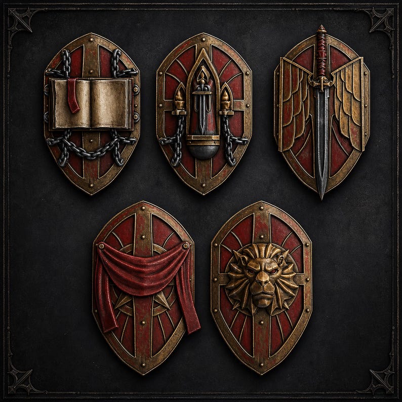 May include: Five pointed shields with a red and bronze color scheme. The shields feature distinct raised emblems including an open book with chains, a central dagger, a sword with wings, a draped red cloth, and a sculpted lion head in the center.