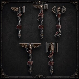 May include: A collection of five miniature fantasy axes and hammers featuring metallic silver and bronze finishes. Each weapon has a twisted handle, dark red leather-like grips, and ornate details including winged motifs and small skull emblems.