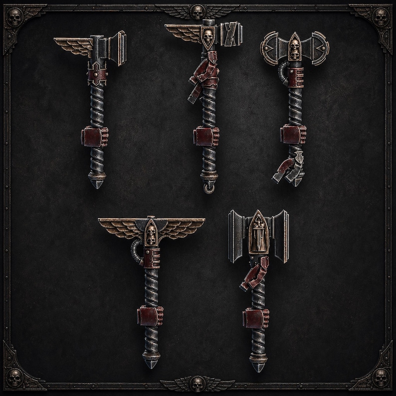 May include: A collection of five miniature fantasy axes and hammers featuring metallic silver and bronze finishes. Each weapon has a twisted handle, dark red leather-like grips, and ornate details including winged motifs and small skull emblems.