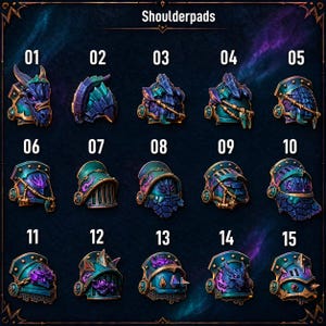 May include: A collection of fifteen individual shoulder pads arranged in a grid, labeled 01 through 15. Each piece features a dark teal and purple color scheme with metallic gold trim, showcasing various sculpted designs including dragon heads and armor.