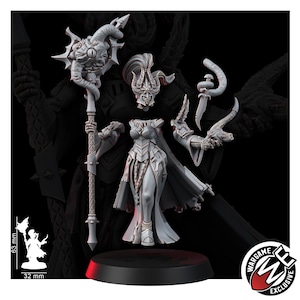 May include: A grey resin miniature figure kit featuring a female warrior with a tall ornate helmet, a long dress, and a cape. The set includes a staff topped with a large eye, a separate arm with a curved blade, and a base measuring 32 mm wide.