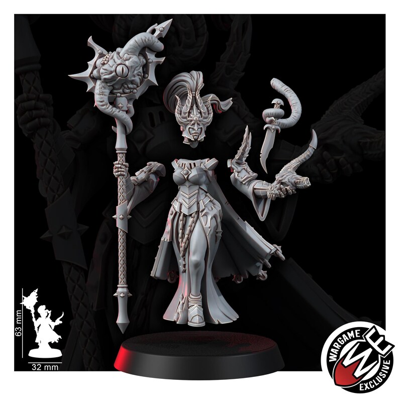 May include: A grey resin miniature figure kit featuring a female warrior with a tall ornate helmet, a long dress, and a cape. The set includes a staff topped with a large eye, a separate arm with a curved blade, and a base measuring 32 mm wide.
