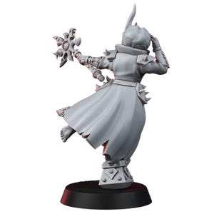 May include: A gray unpainted miniature figurine of a warrior in a long coat with spiked shoulder armor and a high collar. The figure holds a star-shaped mace in one hand and stands on a square base, with one foot raised and a horn-like headpiece.