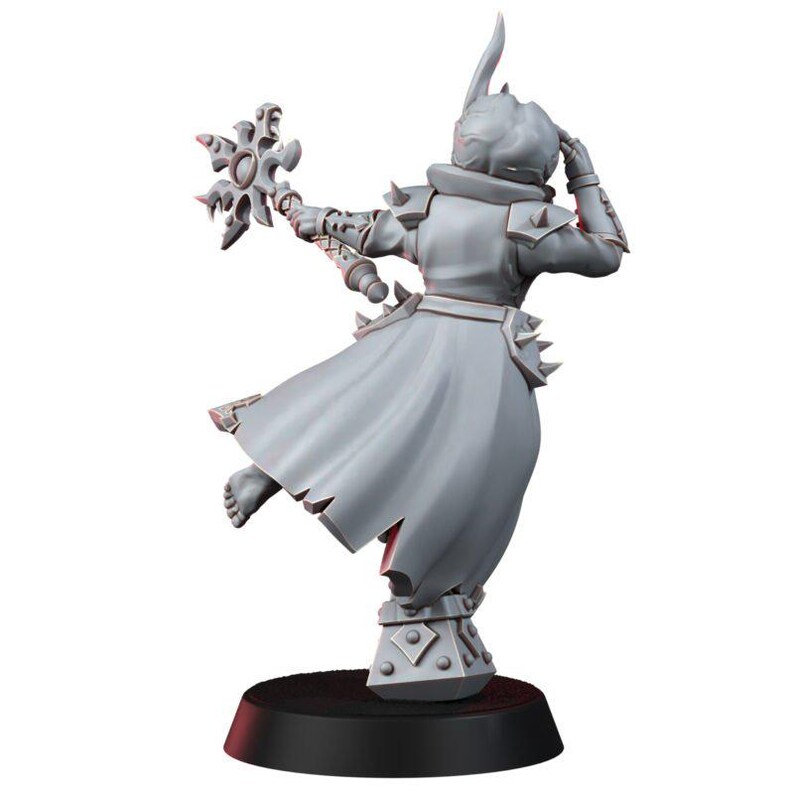 May include: A gray unpainted miniature figurine of a warrior in a long coat with spiked shoulder armor and a high collar. The figure holds a star-shaped mace in one hand and stands on a square base, with one foot raised and a horn-like headpiece.