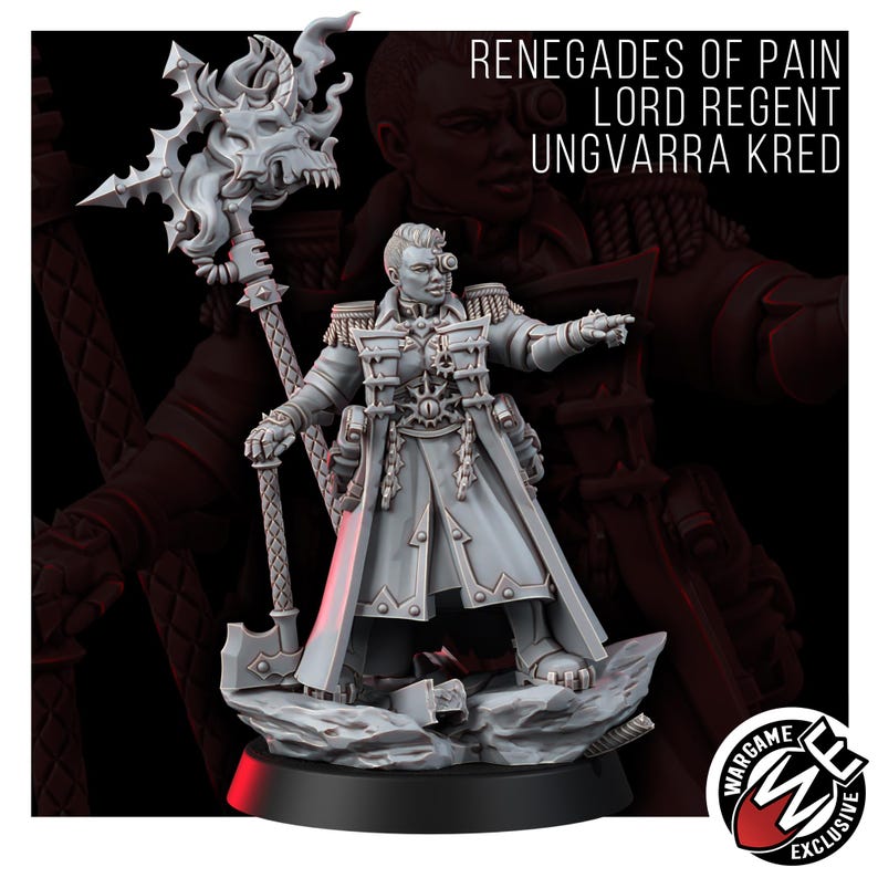 K&ouml;nnte beinhalten: Eine hellgraue Miniaturfigur mit der Aufschrift RENEGADES OF PAIN LORD REGENT UNGVARRA KRED. Die Figur tr&auml;gt einen langen Mantel im Milit&auml;rstil mit Schulterklappen, h&auml;lt einen hohen Stab mit einem Totenkopf und hat ein mechanisches Auge. Felsiger Sockel.