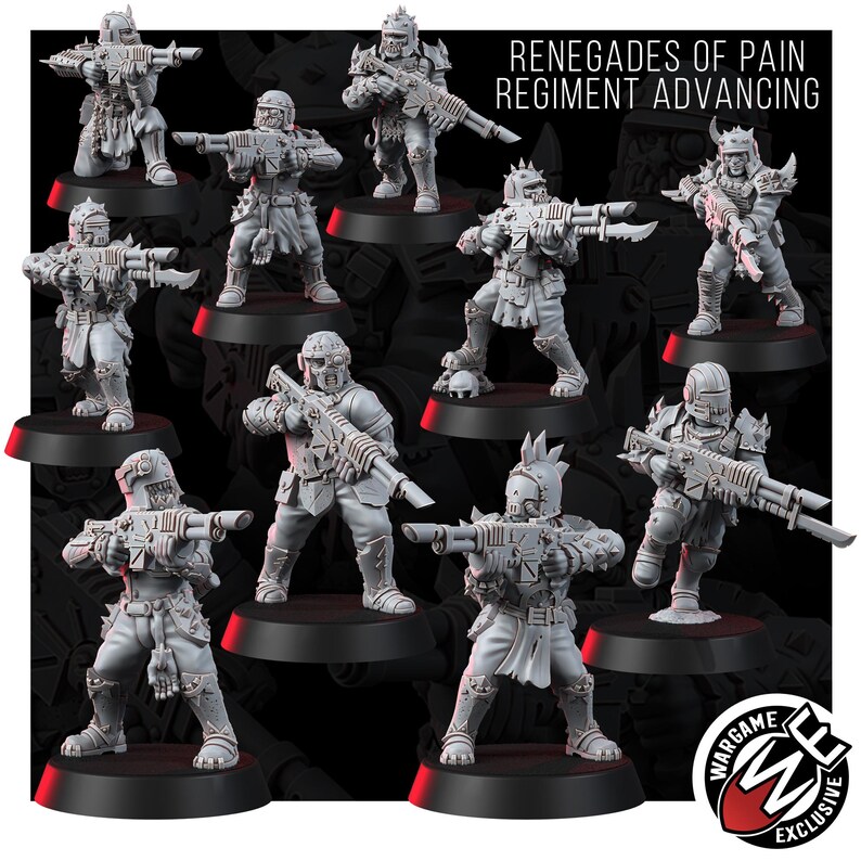 K&ouml;nnte beinhalten: Ein Set aus neun grauen Miniatur-Soldatenfiguren, die jeweils ein Gewehr halten, mit dem Text RENEGADES OF PAIN REGIMENT ADVANCING oben und einem kreisf&ouml;rmigen Logo unten rechts. Die Figuren tragen Helme und R&uuml;stungen.
