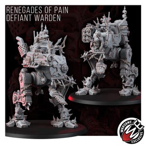 May include: Two grey miniature walker figures labeled RENEGADES OF PAIN DEFIANT WARDEN. These bipedal mechanical units feature spiked armor, chains, skull decorations, a multi-barreled weapon, and a pilot figure visible in the open cockpit area.