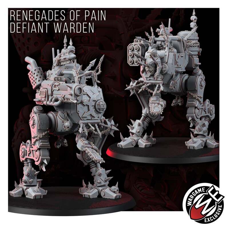 May include: Two grey miniature walker figures labeled RENEGADES OF PAIN DEFIANT WARDEN. These bipedal mechanical units feature spiked armor, chains, skull decorations, a multi-barreled weapon, and a pilot figure visible in the open cockpit area.