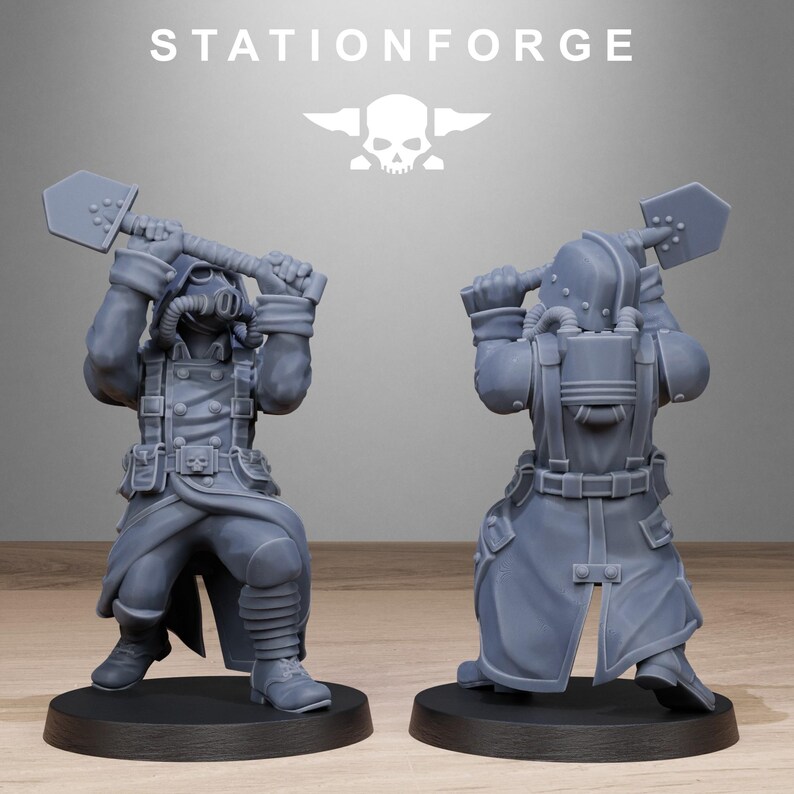 GrimGuard Shovel Fighters | Station Forge 16k Resin Miniatyrer | 28 mm 32 mm Bordsskiva Krigsspel | Omålad bild 3
