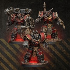 May include: Three miniature warrior figurines in heavy red and black armor with metallic gold trim. One figure holds a large hammer and shield, another wields a sword and clawed gauntlet, and the third carries a double-barreled firearm.