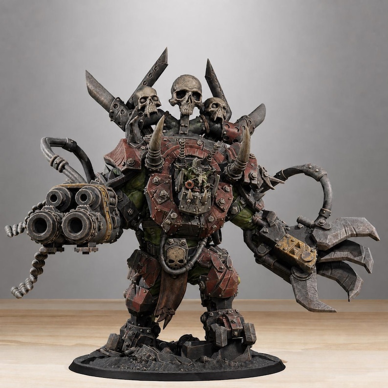 May include: A miniature figurine of a green-skinned armored warrior featuring a large multi-barreled cannon on the right arm and a mechanical claw on the left. The figure wears dark red metal plating, adorned with three skulls on the shoulder area.
