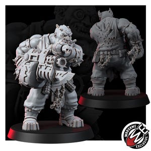 May include: A gray resin miniature figure of a muscular humanoid character holding a large heavy weapon with a skull detail. The figure wears spiked armor, pants, and boots. A second view shows the back with a torn shirt and hanging chains.