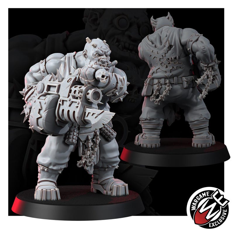 May include: A gray resin miniature figure of a muscular humanoid character holding a large heavy weapon with a skull detail. The figure wears spiked armor, pants, and boots. A second view shows the back with a torn shirt and hanging chains.