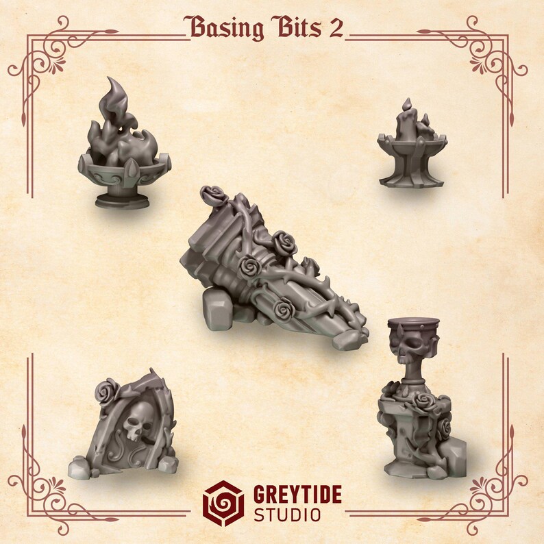 May include: A set of five grey miniature resin basing bits labeled Basing Bits 2 and Greytide Studio. The collection includes a flaming brazier, a candle holder, a broken fluted column with roses, a skull in a stone arch, and a skull-topped pedestal.
