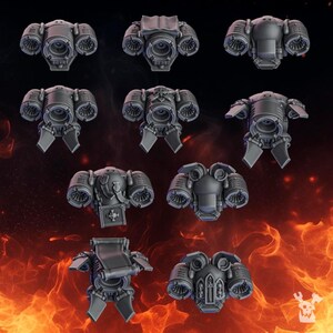 Pode incluir: Um conjunto de dez componentes de mochila a jato em miniatura de pl&aacute;stico cinza-escuro para figuras de jogos de tabuleiro. Cada pe&ccedil;a apresenta propulsores laterais duplos, aberturas centrais e detalhes mec&acirc;nicos &uacute;nicos, incluindo pergaminhos, &iacute;cones e barbatanas.