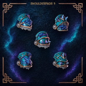 May include: Five teal shoulder pads with metallic bronze trim and skull accents. Each piece features unique sculpted details including dragon heads, spikes, and chainmail textures. The text SHOULDERPADS 3 is centered at the top of the frame.