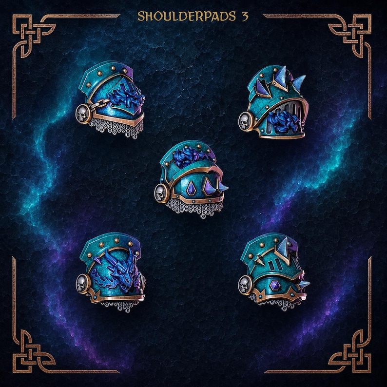 May include: Five teal shoulder pads with metallic bronze trim and skull accents. Each piece features unique sculpted details including dragon heads, spikes, and chainmail textures. The text SHOULDERPADS 3 is centered at the top of the frame.