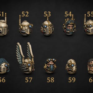 May include: A collection of ten miniature painted helmet and head sculpts labeled 51 through 60. The pieces feature metallic gold, blue, and grey tones, including designs with antennas, goggles, respirators, wings, and hoods on a dark background.