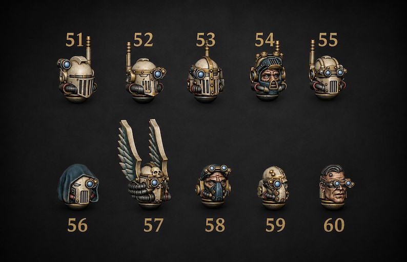 May include: A collection of ten miniature painted helmet and head sculpts labeled 51 through 60. The pieces feature metallic gold, blue, and grey tones, including designs with antennas, goggles, respirators, wings, and hoods on a dark background.