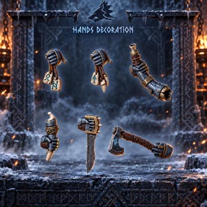 May include: A set of six miniature armored hands and weapon attachments featuring metallic grey and bronze tones. The collection includes hands holding rune-etched tablets, a horn, a dagger, and an axe, all labeled with the text HANDS DECORATION.