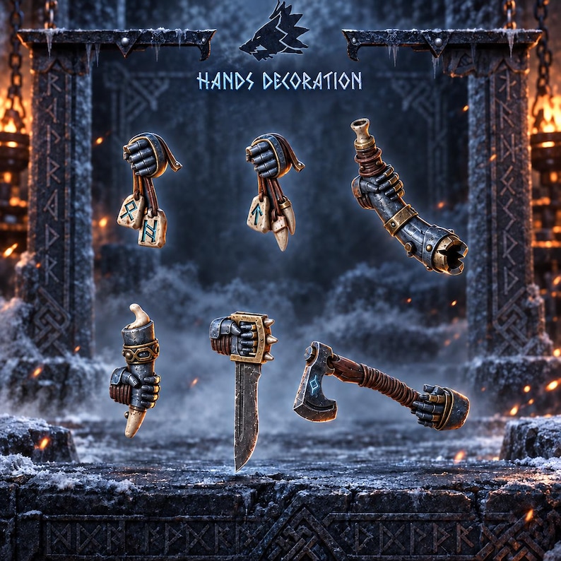 May include: A set of six miniature armored hands and weapon attachments featuring metallic grey and bronze tones. The collection includes hands holding rune-etched tablets, a horn, a dagger, and an axe, all labeled with the text HANDS DECORATION.