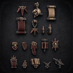 May include: A collection of miniature gaming accessories featuring dark metallic and deep red finishes. The set includes various sculpted items such as scrolls, skulls, books, candles, shields, and emblems with eye motifs, all designed with intricate details.