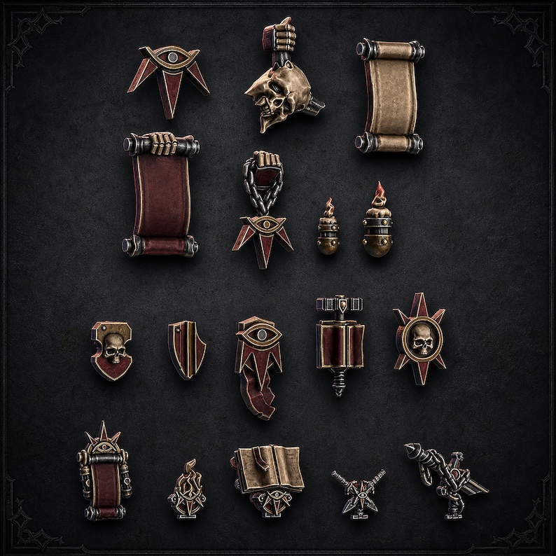 May include: A collection of miniature gaming accessories featuring dark metallic and deep red finishes. The set includes various sculpted items such as scrolls, skulls, books, candles, shields, and emblems with eye motifs, all designed with intricate details.