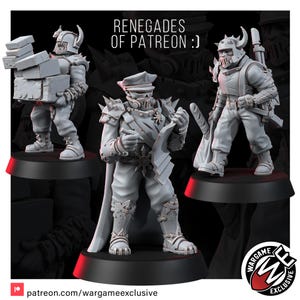 May include: Three grey miniature soldier figures on circular bases. One carries a stack of crates, one wears a peaked cap and mask while holding a map, and one wears a horned helmet and carries a baguette. Text reads RENEGADES OF PATREON :)