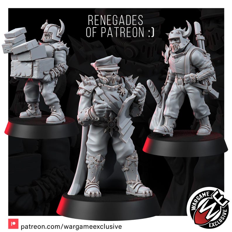 May include: Three grey miniature soldier figures on circular bases. One carries a stack of crates, one wears a peaked cap and mask while holding a map, and one wears a horned helmet and carries a baguette. Text reads RENEGADES OF PATREON :)