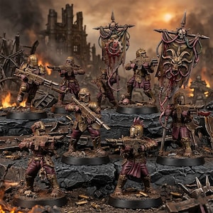 K&ouml;nnte beinhalten: Eine Gruppe von sieben Miniatur-Soldatenfiguren in bronzefarbener R&uuml;stung und dunkelvioletten Uniformen, die jeweils ein Gewehr halten. Zwei Figuren tragen hohe, verzierte Banner mit einem Zahnradsymbol und einem Ziegensch&auml;del auf runden schwarzen Sockeln.