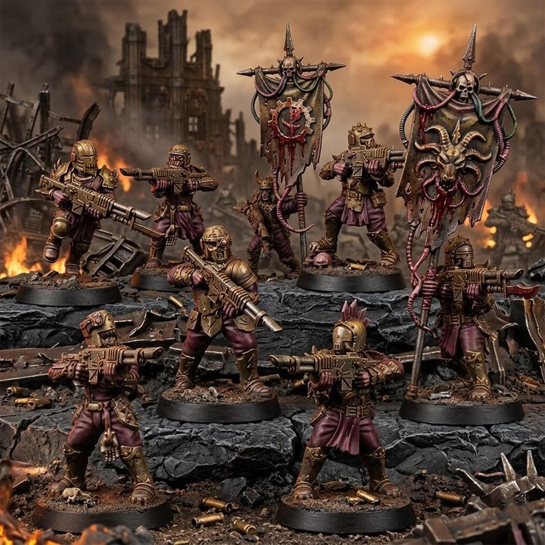 K&ouml;nnte beinhalten: Eine Gruppe von sieben Miniatur-Soldatenfiguren in bronzefarbener R&uuml;stung und dunkelvioletten Uniformen, die jeweils ein Gewehr halten. Zwei Figuren tragen hohe, verzierte Banner mit einem Zahnradsymbol und einem Ziegensch&auml;del auf runden schwarzen Sockeln.