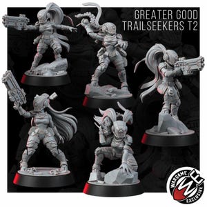 Peut inclure: Cinq figurines miniatures grises intitul&eacute;es Greater Good Trailseekers T2, portant chacune une armure futuriste, des casques avec visi&egrave;res et de longues queues de cheval. Les figurines sont pos&eacute;es dynamiquement sur des socles noirs, certaines tenant des blasters.