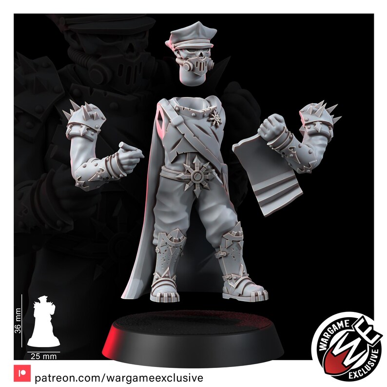 May include: A grey resin miniature figure of a soldier with a skull-like face, wearing a peaked cap and a cape. The figure includes separate arms, one holding a small object and the other a scroll. A scale graphic shows a height of 36 mm and 25 mm width.