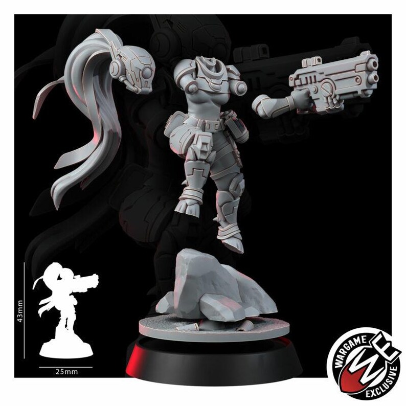 Peut inclure: Une figurine miniature en r&eacute;sine gris clair pr&eacute;sentant un torse blind&eacute; futuriste, une t&ecirc;te s&eacute;par&eacute;e avec de longs cheveux flottants et un bras d&eacute;tach&eacute; tenant un grand blaster. La figurine repose sur un socle rocheux, avec une &eacute;chelle de 43mm par 25mm.