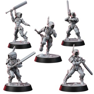 May include: A set of five unpainted gray miniature figures in futuristic armor, each wearing a helmet with a visor and holding a large rectangular sword. The figures are posed in dynamic combat stances, standing on circular black bases.